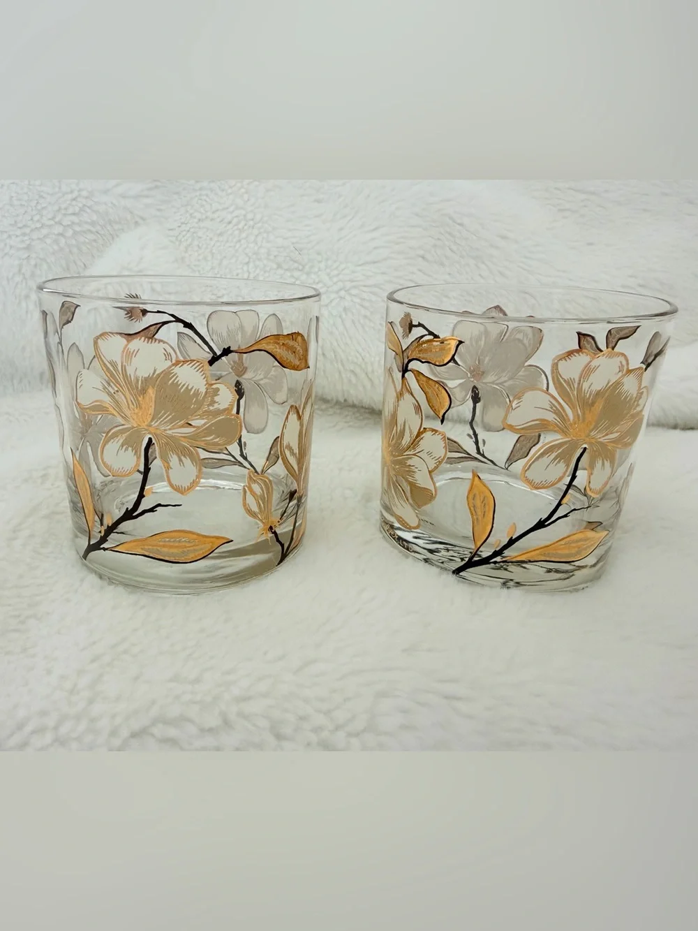Vintage Culver Ltd Magnolia Gold Flower Lowball Glasses - Set of 2 - Midcentury